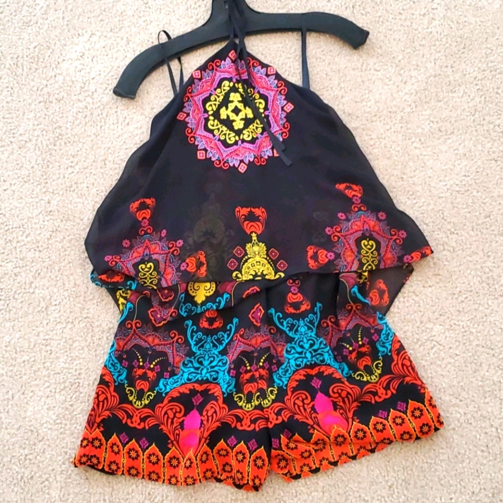 Bebe Halter Embroidered Short Romper
